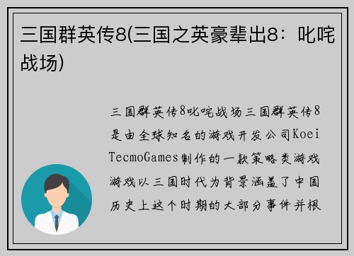 三国群英传8(三国之英豪辈出8：叱咤战场)